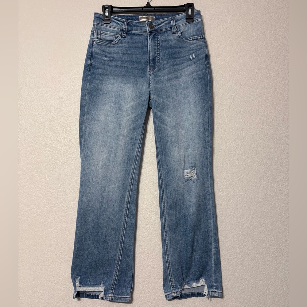 Kut from the Kloth Kelsey Denim Blue Straight Leg Distressed Jeans. Soft Stretch